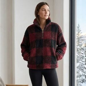 T & S Buffalo Plaid Sherpa Fleece Pullover Small Burgundy Black